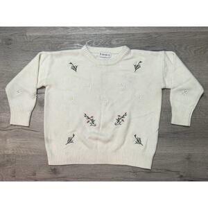 Free Valley Knit Sweater Flower Daisy Embroidered M L White Crew Neck